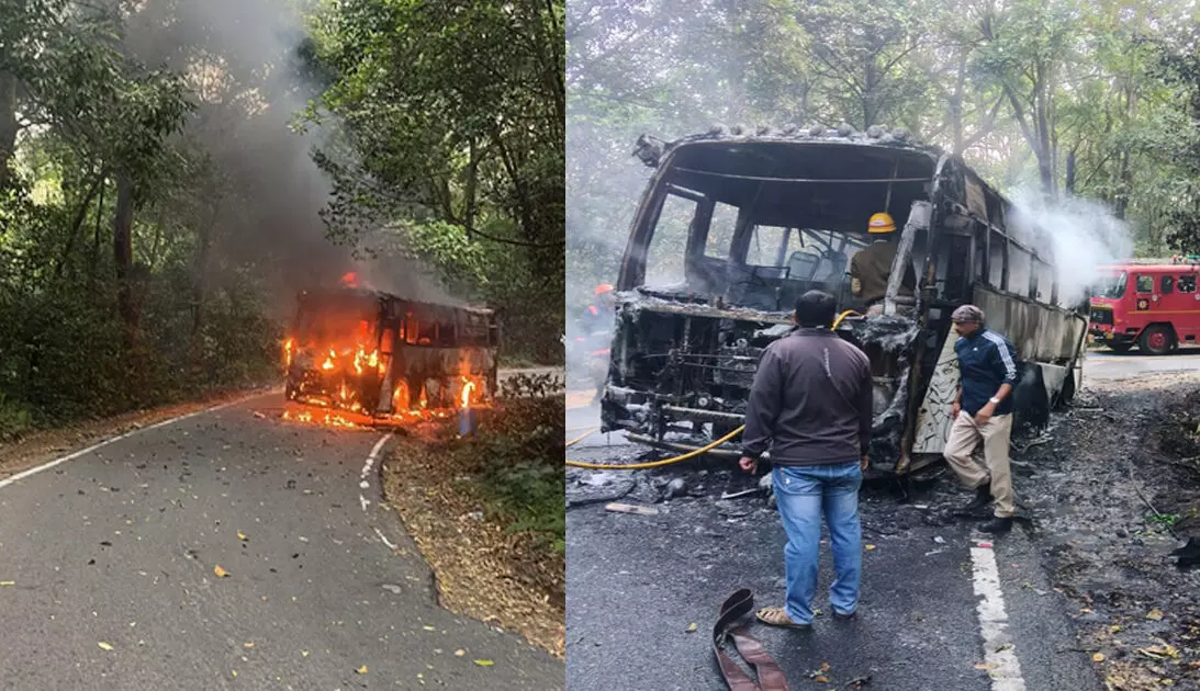 Private bus from Kerala gutted on the streets in South Kodagu; no fatality reported